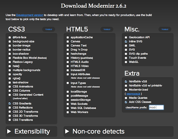 all the checkboxes on the Modernizr build screen