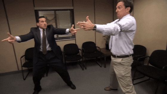 Scene from The Office where Dwight, Andy, & Michael are in a finger guns standoff